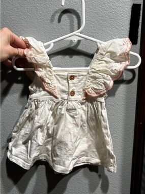 Girls Cream Ruffle Tank Top with Pink Trim